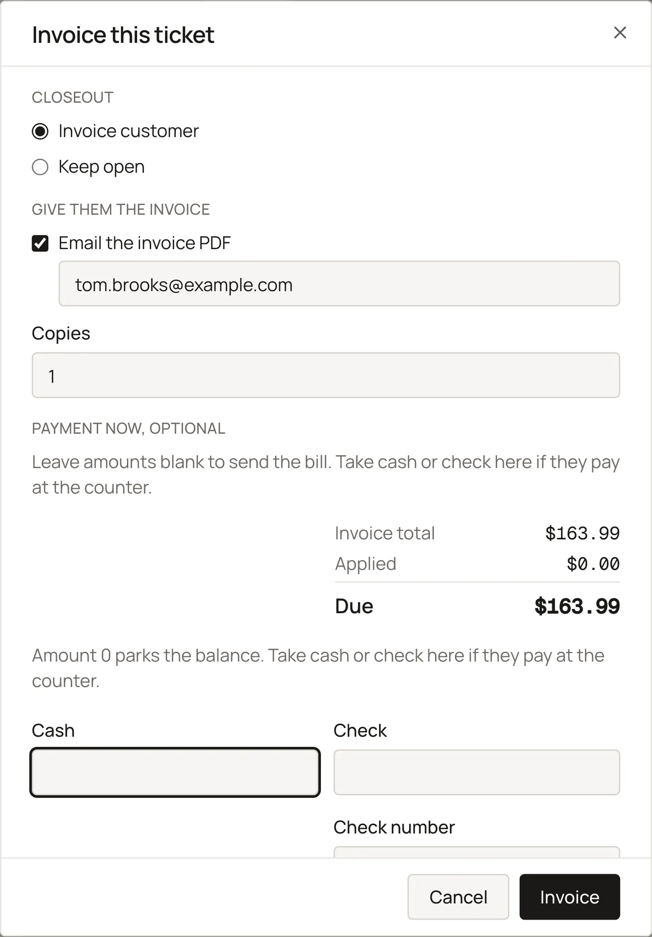 Sample shop. Finish dialog with Email the invoice PDF, copies, and cash or check fields.