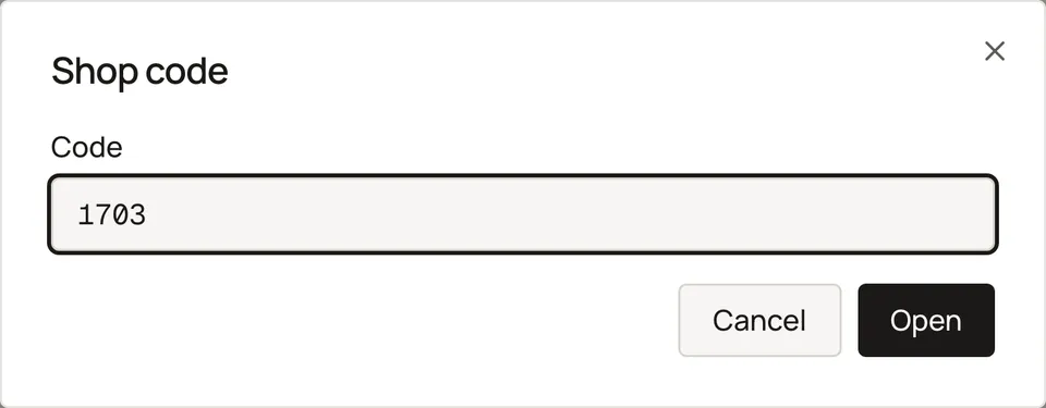 Sample shop. Shop code dialog over Labor and parts totals.